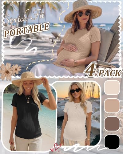 Riyiper 4 Pack Maternity Ribbed Knit Shirts for - color: Cream, Khaki, Light Brown, Black, size: Large