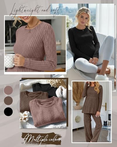 3 Pack Maternity Sweaters Long Sleeve Ribbed Shirts - color: Camel, Dark Camel, Black, size: XX-Large