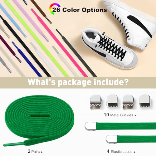 Stepace 2 Pairs Flat Elastic No Tie Shoe Laces for Kids and Adults Sneakers - color: Green