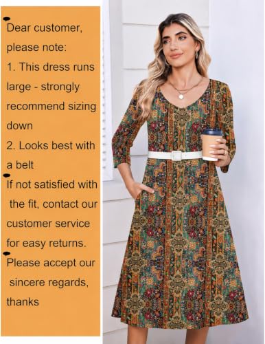 Zeagoo 3/4 Sleeve Women's Dress Pleated Midi Casual Dresses with Pockets - color: Ethnic Prints, size: Medium