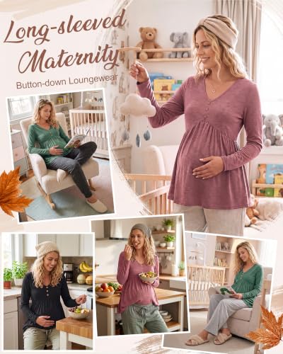 Cutecrop 3 Pack Maternity Long Sleeve V Neck Shirt - color: Black, Pink, Green, size: Medium