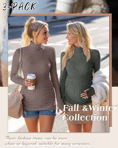 3 Pack Women's Maternity Turtleneck Tops - color: Army Green, Apricot, Coffee, size: Small