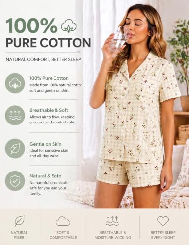 SWOMOG 100% Cotton Pajamas for Women Set, 2 Pieces Button Down Pjs Set, S-XXL - color: Cherry Bow Gingham, size: X-Large