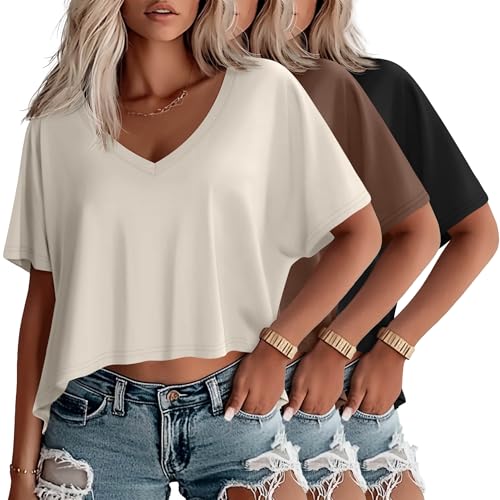 Huukeay 3 Pack Women's Oversized V Neck T Shirts - color: Cream, Coffee, Black, size: Medium