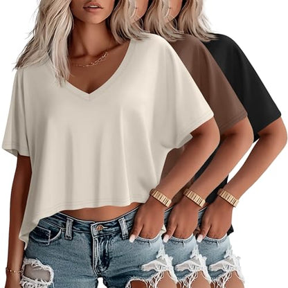 Huukeay 3 Pack Women's Oversized V Neck T Shirts - color: Cream, Coffee, Black, size: Large