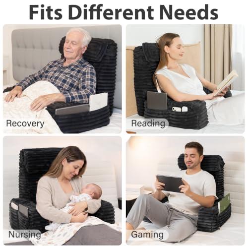 ENITYA 22" XL Back Pillow for Bed Sitting Up with Armrests & Big Pockets - color: Black, size: XL(5'3"-5'11")
