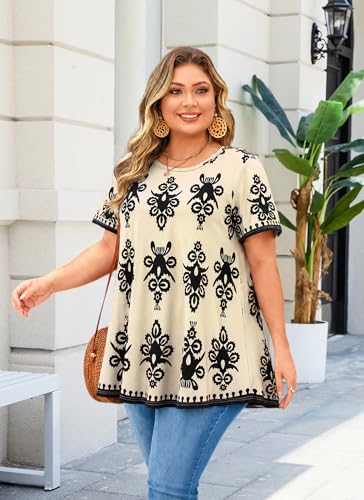 Womens Plus Size Tunic Tops Swing Summer Casual Flowy Blouses - color: Beige Paisley Floral Tunics, size: X-Large