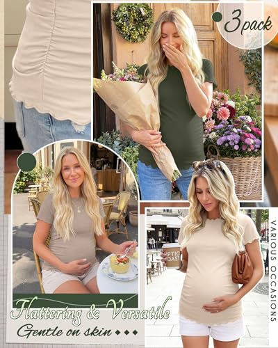 Xaatren 3 Pack Women's Maternity Short Sleeve Shirts - color: Camel, Beige, Army Green, size: Medium