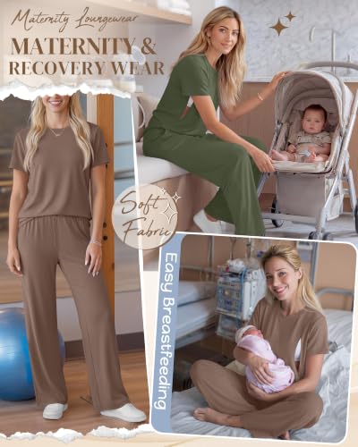 Ficerd 2 Pack Maternity Nursing Pajama Breastfeeding Sets Pjs - color: Army Green, Coffee, size: X-Large