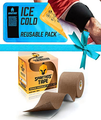 Sparthos Kinesiology Tape [Mountain Brown - 16.4ft Uncut Roll] x Ice Packs for Injuries [Size Medium + Cover]
