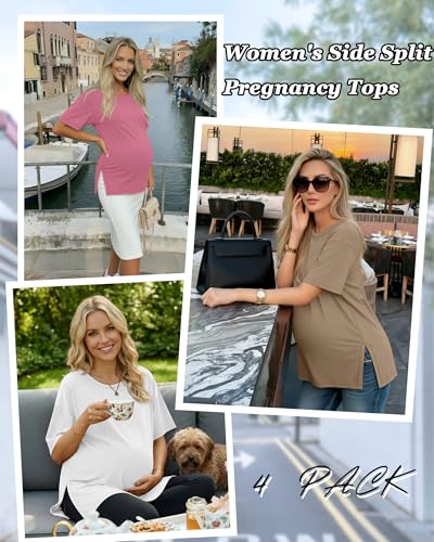Riyiper 4 Pack Women's Short Sleeve Maternity T Shirts - color: Black, White, Khaki, Pink, size: Medium