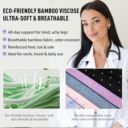LEVSOX Bamboo Viscose Compression Socks Wide Calf 15-20 mmHg with Cushioned - color: Purple Grey, size: Medium
