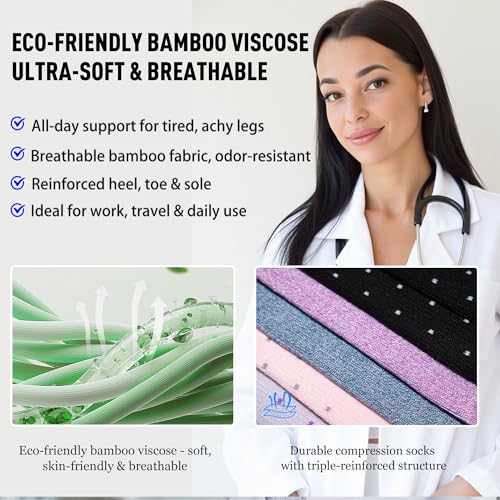 LEVSOX Bamboo Viscose Compression Socks Wide Calf 15-20 mmHg with Cushioned - color: Colorful Polka Dot, size: Large