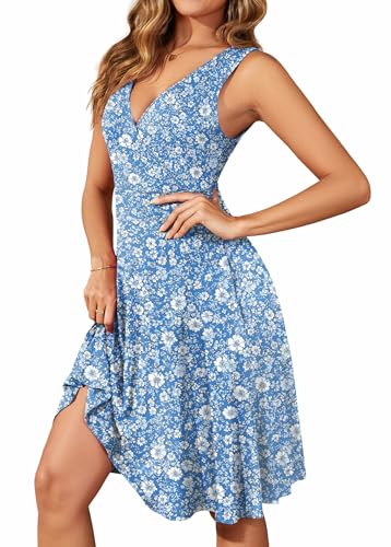 WEACZZY Women Summer V Neck Sleeveless Dress with Pockets Beach Sundress - color: Blue Daisy, size: XX-Large