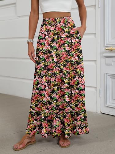 ANRABESS Women’s Summer Flowy Maxi Skirts with Pockets - color: Floral Black Red, size: Small
