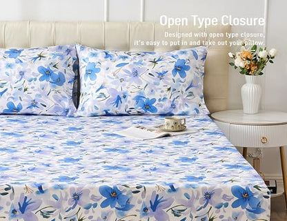 Sunflower Queen Pillowcases Set of 2, 100% Cotton Pillow Cases, Blue Bloom - color: Blue Bloom, size: Queen (20"x30")