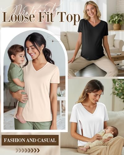4 Pack Women's Nursing Maternity Shirts - color: Black, White, Apricot, Haze Blue, size: Small