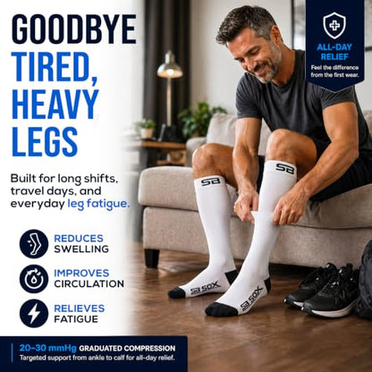 SB SOX Compression Socks for Men & Women (20-30mmHg) - color: White/Black, size: Small