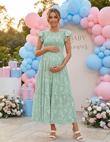 ZESICA Women's Summer Floral Boho Smocked Flowy Maxi Dress - color: Sage, size: Medium