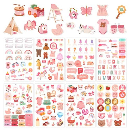 8 Sheets Baby Girl Scrapbook Stickers, Various Patterns