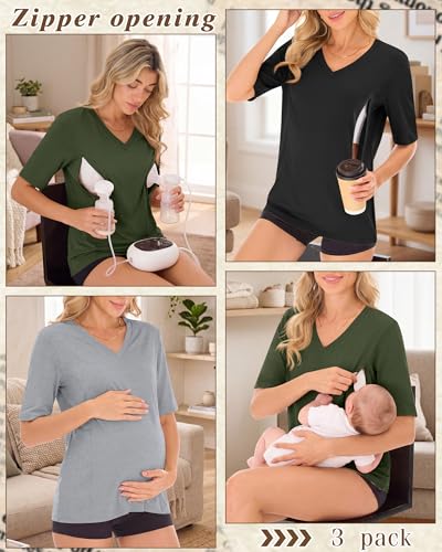 Neer 3 Pack Women's Nursing Shirts Breastfeeding Tops - color: Army Green, Gray, Black, size: Medium