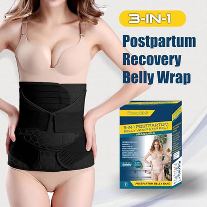 ChongErfei 3 in 1 Postpartum Belly Wrap Recovery Band Belt Abdominal Binder - color: Black, size: XXL