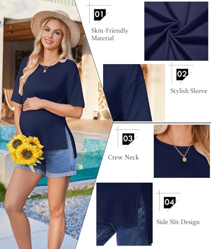 Ekouaer Maternity Shirts 3 Packs Short Sleeve Split Side Pregnancy Tops - color: Black/Dark Gray/Navy Blue, size: X-Large