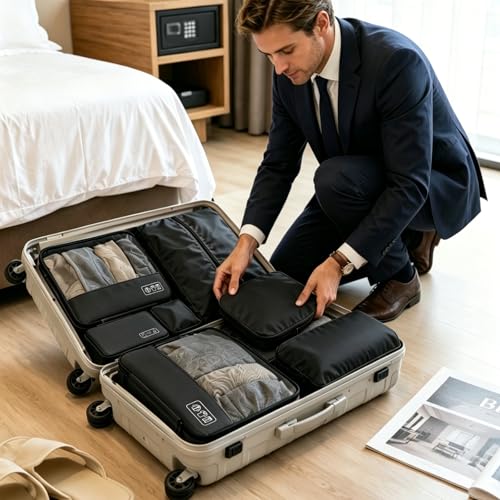 Compression Packing Cubes for Travel, 8-Piece Luggage Organizers Space-Save - color: Black-8 Set