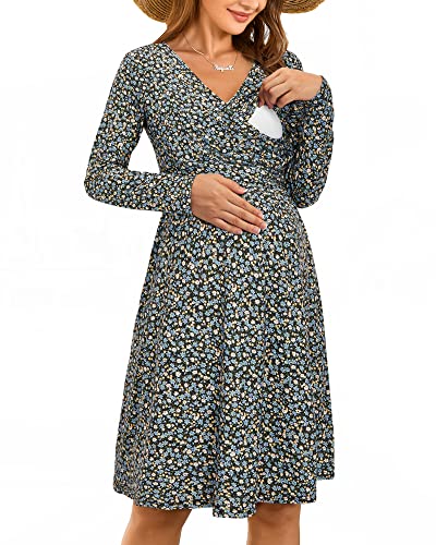OUGES Women's Nursing Breastfeeding Pocket Fall Baby Shower Maternity Dress - color: Blue Floral Black, size: Medium