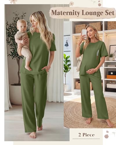 2Pc Postpartum Nursing Pajamas Set - color: Army Green, size: Medium