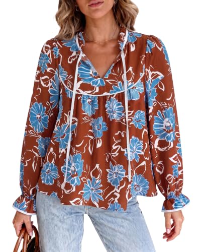 PRETTYGARDEN Women Boho Floral Babydoll Tunic Top - color: Brown White Blue, size: Medium