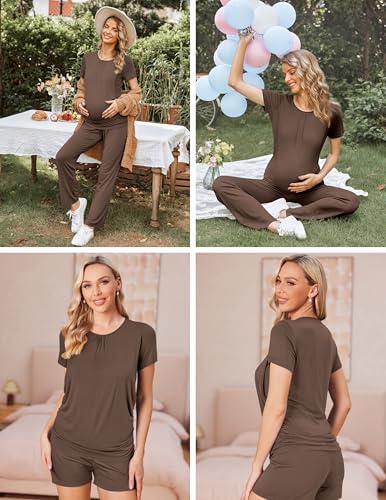 Ekouaer Maternity Nursing Pajamas Set 3 Piece Postpartum Breastfeeding Pjs - color: Brown, size: Large