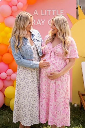 OUGES Women's V Neck Maternity Dress Baby Shower Midi Dresses with Pockets - color: Apricot Pink Floral, size: XX-Large