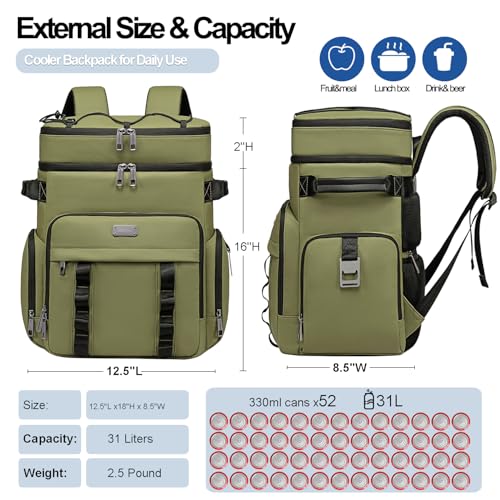 Weitars Insulated Cooler Backpack,Waterproof Soft Cooler Bag 31L/52 Can - color: Green
