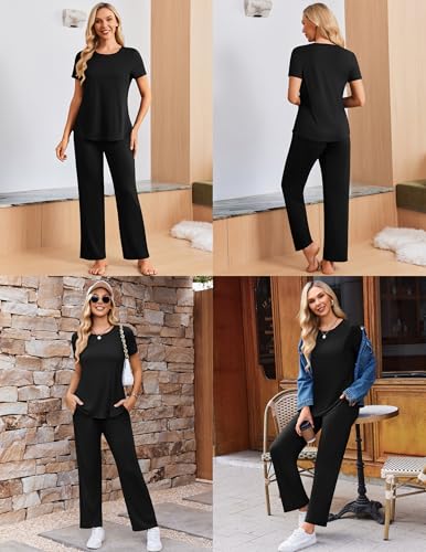 Ekouaer 3 Piece Maternity Nursing Pajamas Set Short Sleeve Breastfeeding Pjs - color: Black, size: X-Large