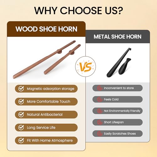 Extra Long Wooden Shoe Horn with Magnetic Holder, Walnut Color