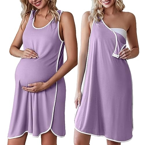 Labor and Delivery Gown Maternity Dress Breastfeeding Nursing Nightgown - color: Lilac, size: Small