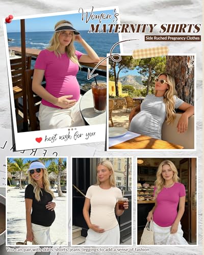 Huukeay 4 Pack Women's Short Sleeve Maternity Tops - color: Rose Pink, Cream, Light Heather Gray, Black, size: Small