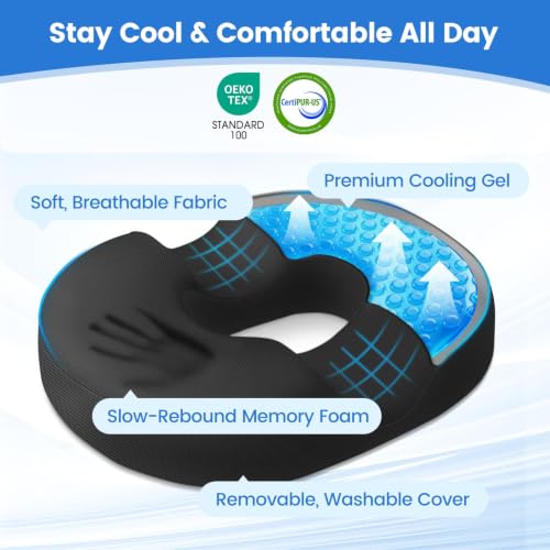 Donut Pillow Cooling Gel Memory Foam Cushion, Large, Black - color: Black, size: Large
