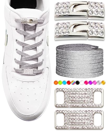 Elastic No Tie Shoe Laces with Bling Diamond Locks & Charms for Women's Sneakers - color: 04 Glitter Silver