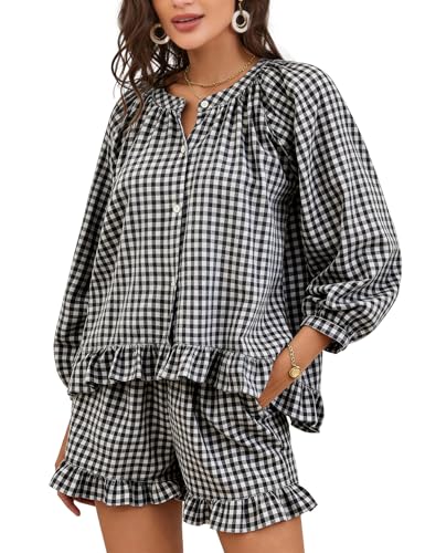 Flygo Womens Gingham 2 Piece Pajama Sets Y2K Cotton Ruffle Short Sets - color: Black, size: X-Large