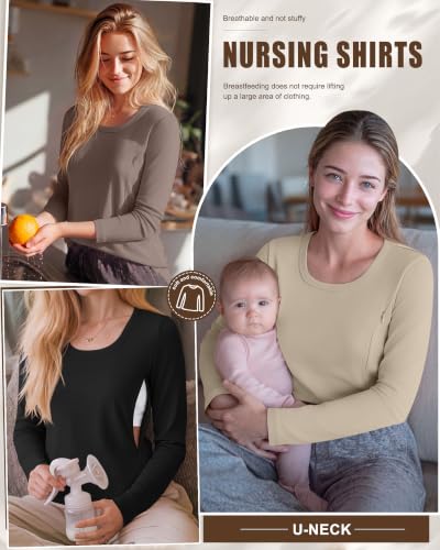 3 Pack Women's Long Sleeve Nursing Tops - color: Coffee, Apricot, Black, size: Large