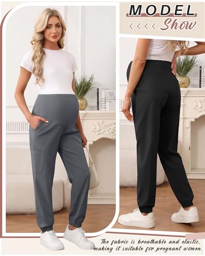 Oakgarden 2 Pack Women's Maternity Scrub Pants Pregnancy Scrubs - color: Black, Light Gray, size: Medium