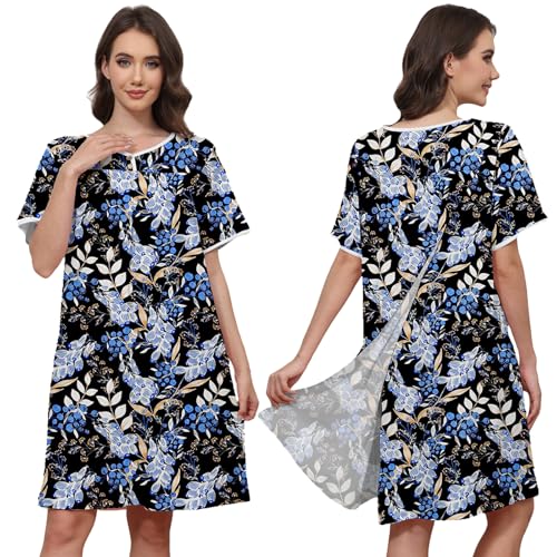 Hospital Gowns for Women Open Back Snap Post Shoulder Surgery Gown - color: Blue Flower, size: Medium