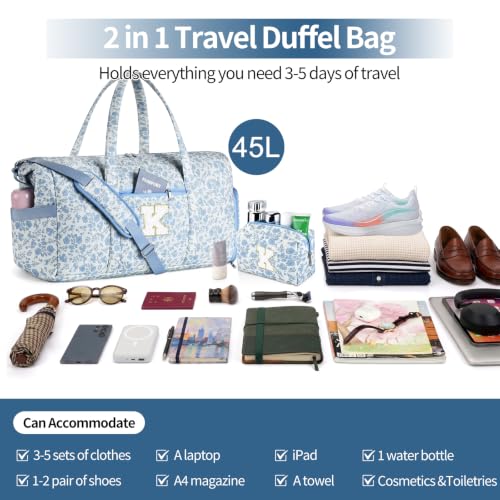 Personalized Quilted Duffle Bag for Travel Gym Weekender Hospital Carry On - color: Blue Flower, size: K
