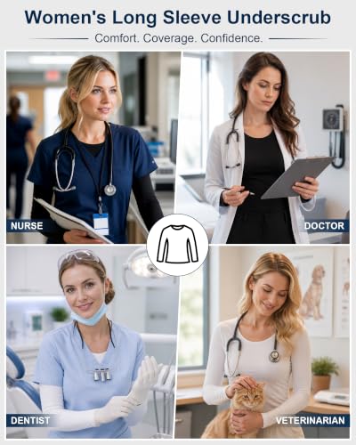 Rolimaka 4-Pack Women's Long Sleeve Underscrub Base Layer Tops for Nurses - size: Large