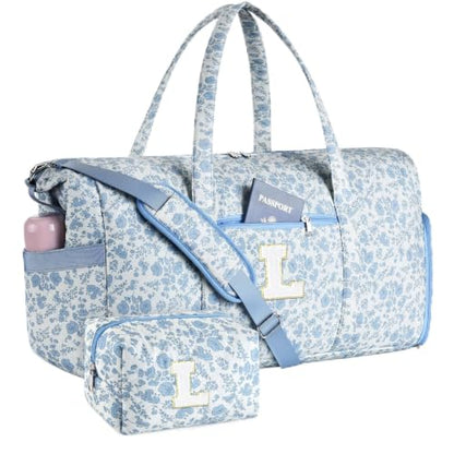 Personalized Quilted Duffle Bag for Travel Gym Weekender Hospital Carry On - color: Blue Flower, size: L
