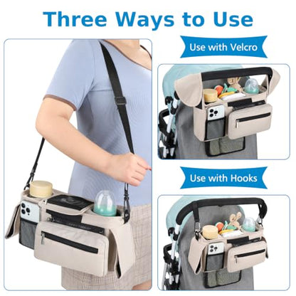Accmor Universal Stroller Organizer with Insulated Cup Holder - color: All Off White/Detachable Diaper Pocket