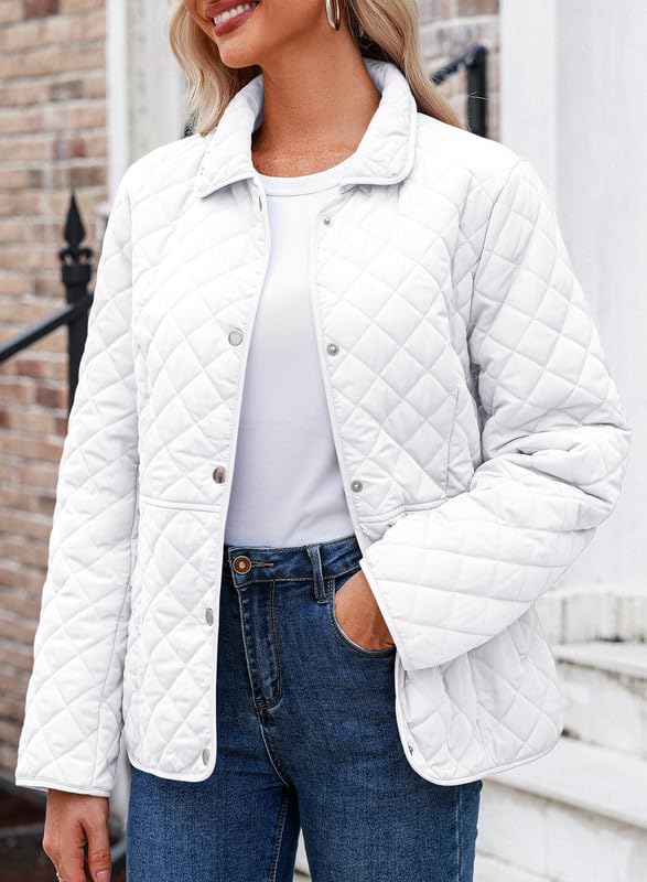 Dokotoo Women's Winter Quilted Jackets Long Sleeve Button Down Diamond Puffer Jacket Outerwear Coats with Pockets - color: White, size: X-Large