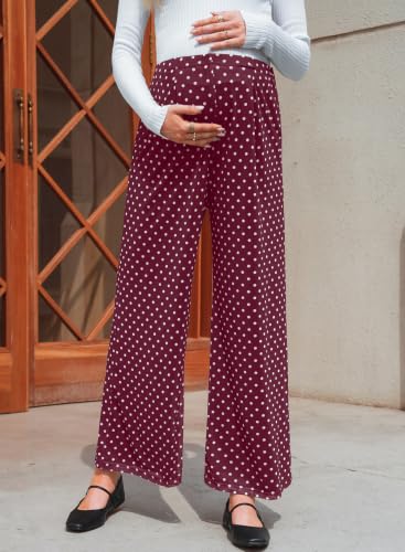BLENCOT Women's Maternity Flowy Pants Polka Dot Pregnancy Trousers - color: Red, size: Small